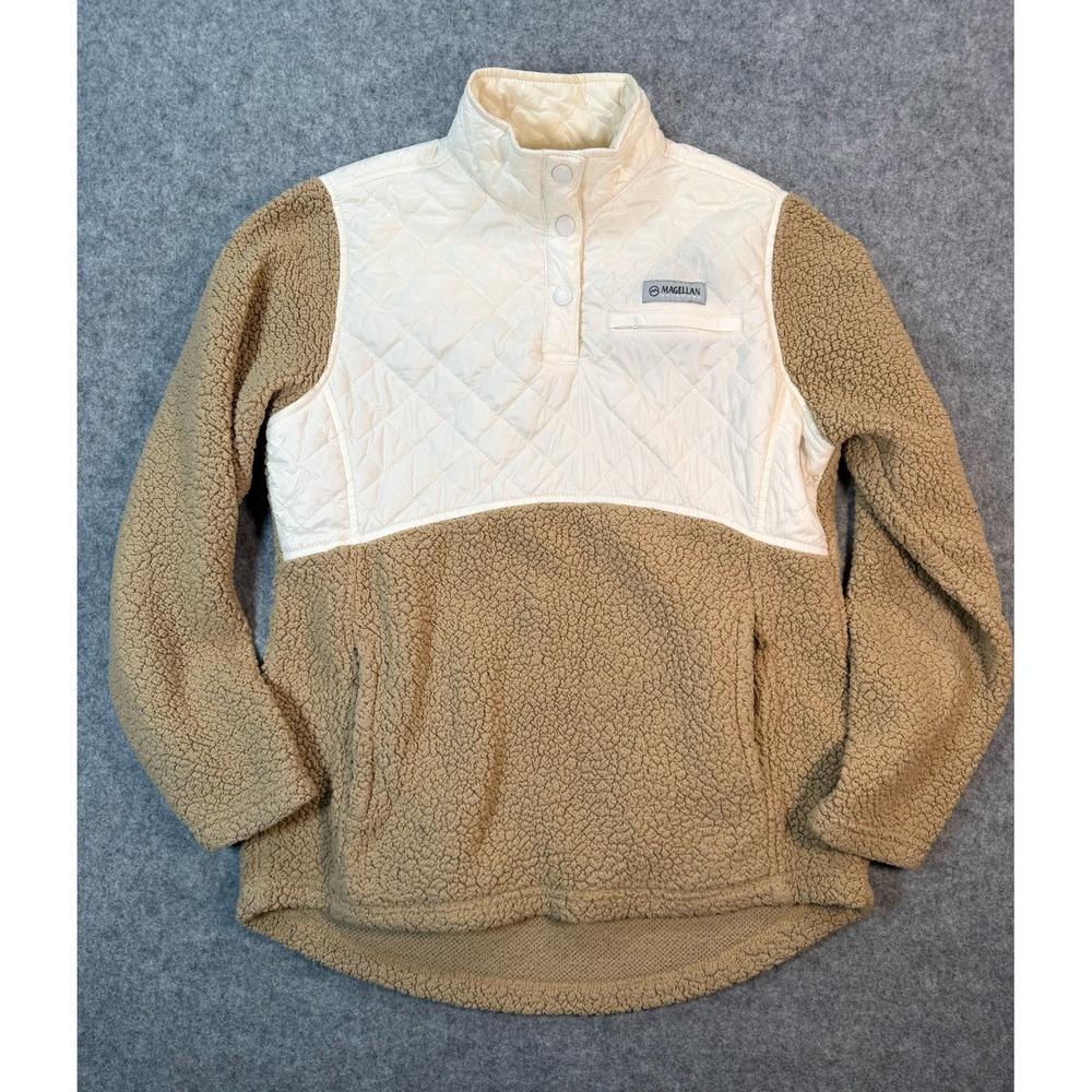 Magellan Outdoors Womens Small‎ Sherpa Fleece Quilted Snap Pullover Tan Cream S